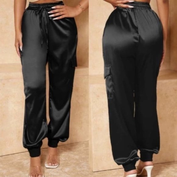 Pants - Satin Drawstring Waist Pants BLACK
